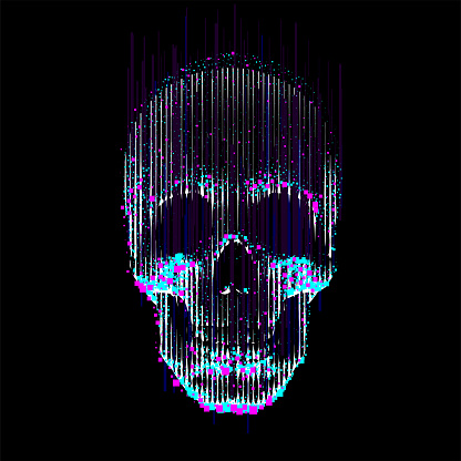 Human skull front view, enlightened from under, made by vertical lines and color particles and pixels.