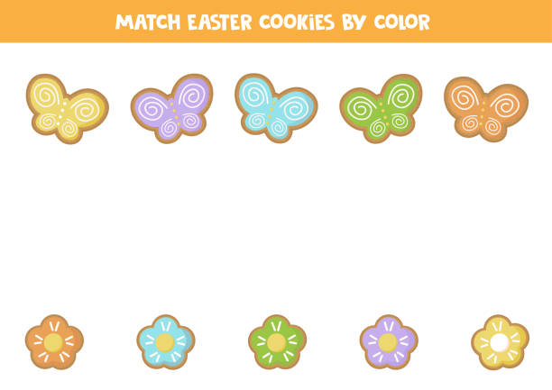Match Easter flowers and butterflies by colors. Match Easter cookies by color. Ginger butterflies and flowers. Logical game for kids. butterfly purple blue isolated stock illustrations