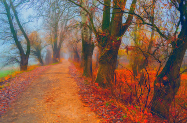 Oil landscape painting showing road through the forest in the autumn.