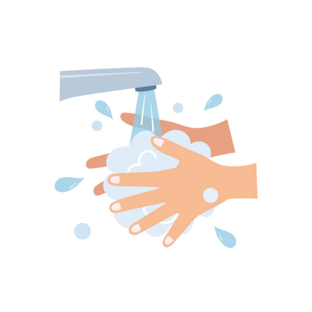 vektor-ilustration des händewaschens mit wasser und seife / konzept des stoppens von coronavirus / covid-19, influenza-virus, etc. - washing hand stock-grafiken, -clipart, -cartoons und -symbole