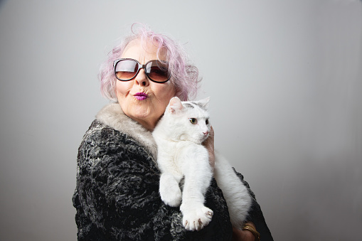 Feliz mujer mayor propietario de mascotas sosteniendo su gato photo