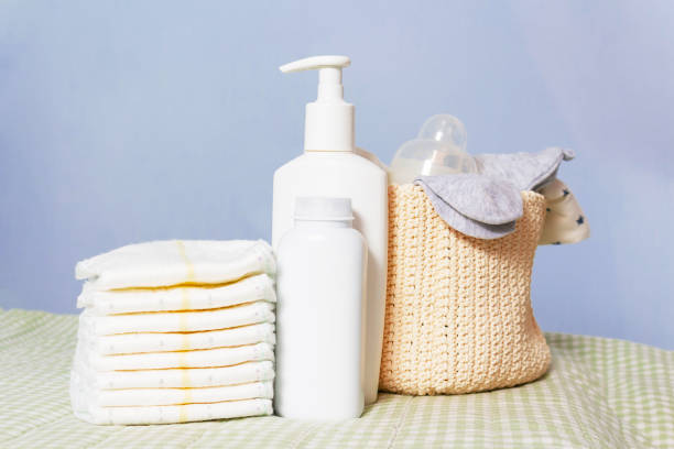 istock Newborn baby care supplies on changing table. 1220336300