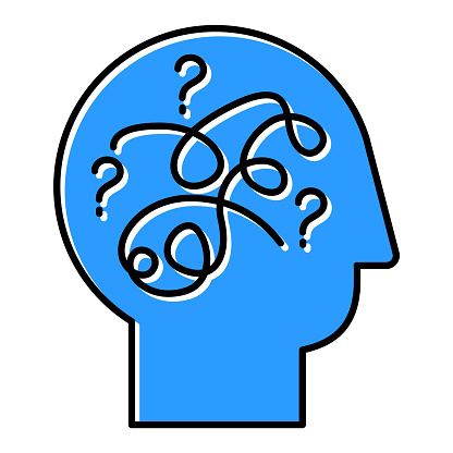 Puzzled mind blue color icon. Mental exercise, challenge. Ingenuity, intelligence test. Critical thinking. Brain teaser. Logic questions. Solution finding porcess. Isolated vector illustration