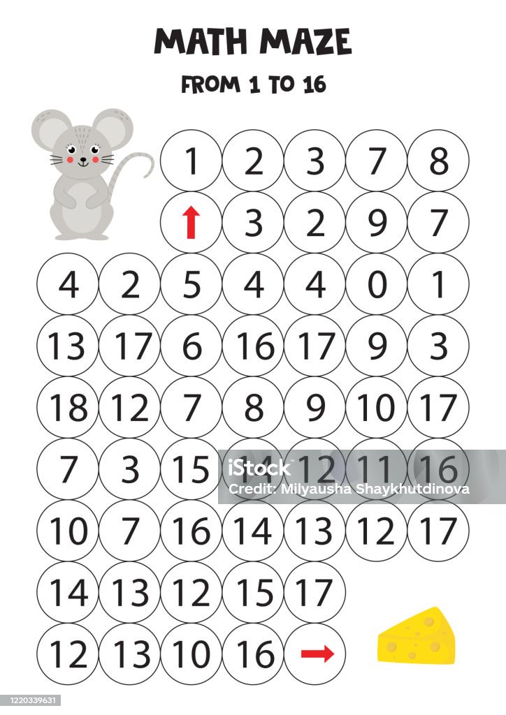 Mouse Maze Math Math Maze From One To 16 Help The Mouse To Get To The Cheese Stock ...