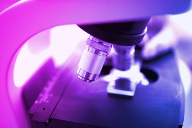 close up of scientist hands with microscope, examining samples in laboratory. Coronavirus COVID-19, Creation of vaccine concept. Copy space. Tomed
