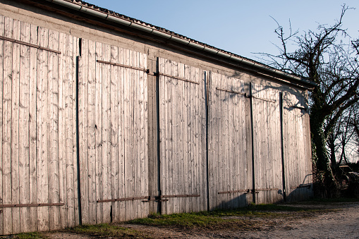 weathered doors of a barn in a row glimmering in evening sun