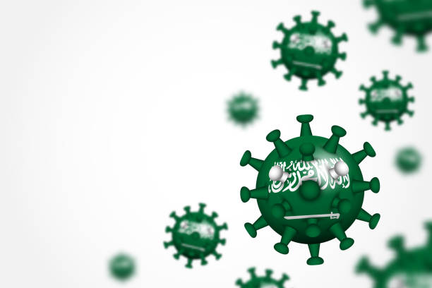 ilustraciones, imágenes clip art, dibujos animados e iconos de stock de covid-19 . virus corona flotante 3d con bandera de arabia saudita sobre fondo de viñeta gris con espacio de copia en el área izquierda para el texto de relleno. profundidad superficial del diseño de campo. vector. - shallow dof illustrations