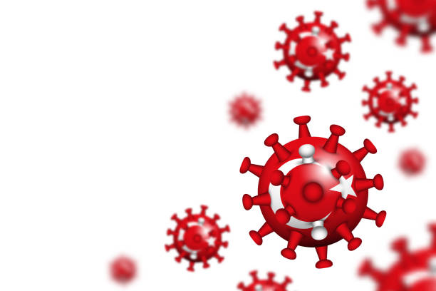 ilustraciones, imágenes clip art, dibujos animados e iconos de stock de covid-19 . 3d virus corona flotante con bandera de turquía sobre fondo aislado blanco con espacio de copia en el área izquierda para el texto de relleno. profundidad superficial del diseño de campo. vector. - shallow dof illustrations