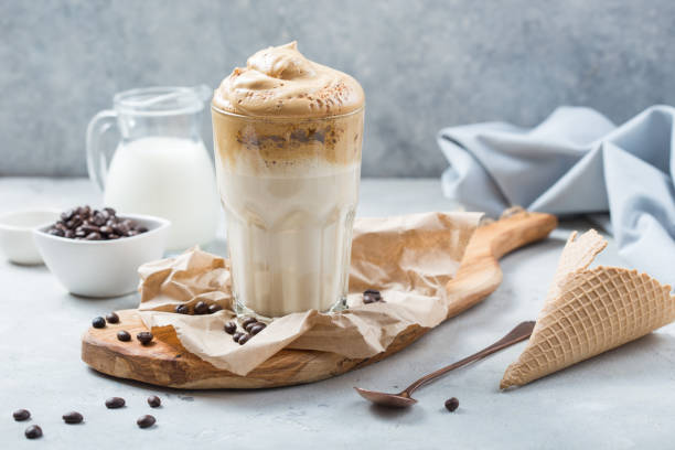 istock food Trend - dalgona coffee, whipped instant drink on rustic background, copy space 1220345274