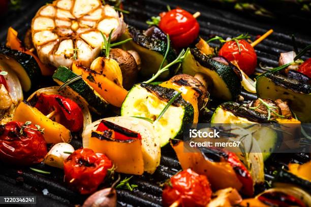 Bbq Grilled Wegetables On Skewers With Fresh Herbs And Spices Summer Barbecue Food Stock Photo - Download Image Now