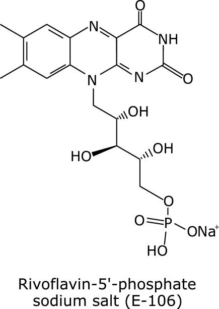 flavinmononukleotid (e-106) lebensmittelfarbstoff molekulare struktur über weißem hintergrund - flavian stock-grafiken, -clipart, -cartoons und -symbole