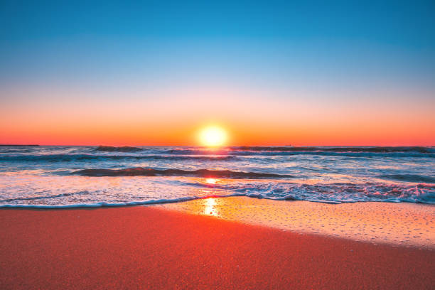 istock Beach sunrise or sunset with clear blue sky and rising sun 1220346914