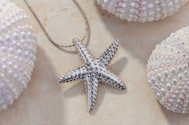 Starfish shape silver pendant necklace on beige background