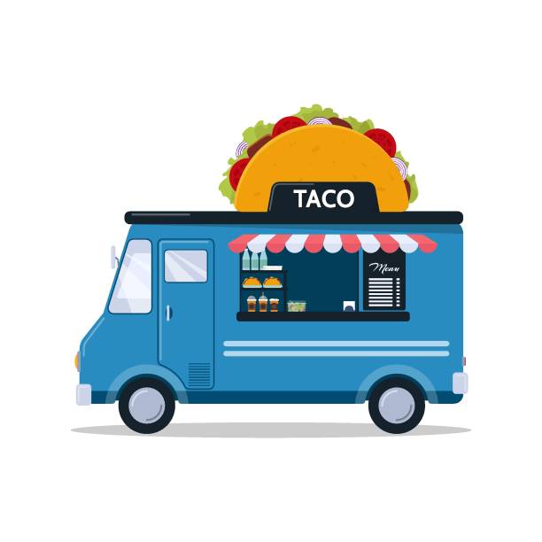 ilustraciones, imágenes clip art, dibujos animados e iconos de stock de camión de comida taco aislado sobre fondo blanco. camión de comida rápida en estilo de dibujos animados - tacos