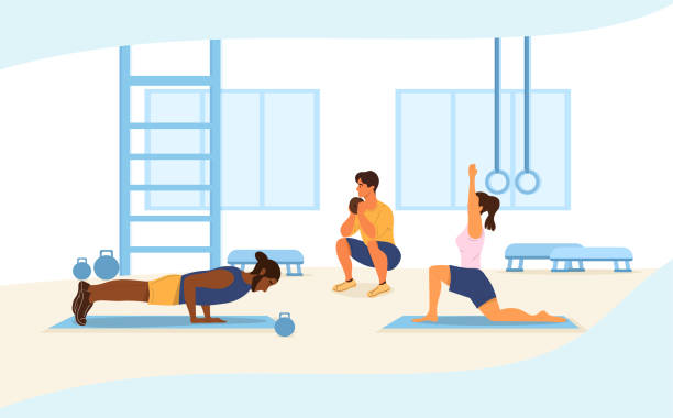 Health and fitness concept with people working out Health and fitness concept with three diverse people working out in a gym doing press-ups, weightlifting and yoga, vector illustration personal trainer stock illustrations