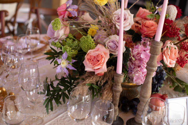 istock indoor restaurant table with bouquet of flowers 1220352045