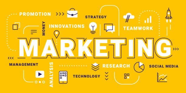 wektor kreatywna ilustracja biznesowa marketingowej typografii napisów słownych z ikoną i chmurą tagów na żółtym tle. - marketing stock illustrations