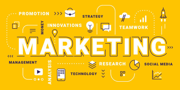Vector creative business illustration of marketing word lettering typography with icon and tag cloud on yellow background. Vector creative business illustration of marketing word lettering typography with icon and tag cloud on yellow background. Flat line art style design of marketing concept for business banner, social media advertising marketing stock illustrations