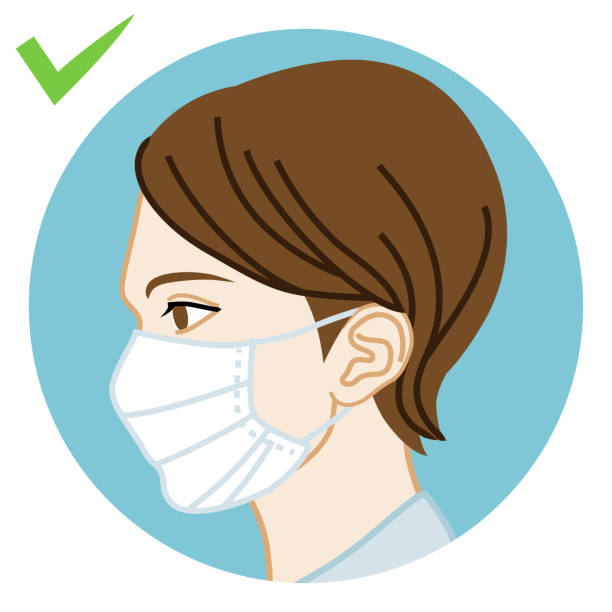 Young woman wearing a face mask correctly - side view, circular clip art Young woman wearing a face mask correctly - side view, circular clip art woman portrait short hair stock illustrations