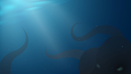 Underwater landscape, dark deep sea with octopus or monster