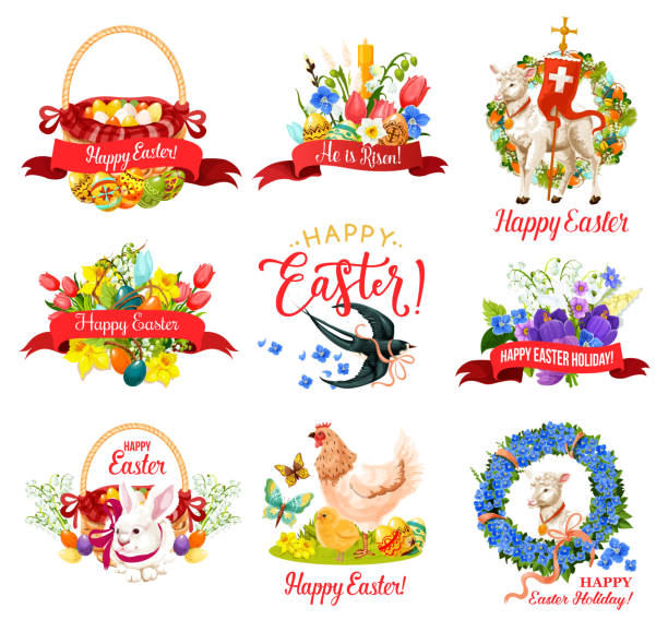 Happy Easter Holiday icon for greeting card design Happy Easter Holiday icon for greeting card design. Spring flower frame with Easter egg hunt basket, rabbit bunny and candle, chicken, lamb of God and ribbon banner with He Is Risen greeting wishes pics of a cross easter lilies stock illustrations