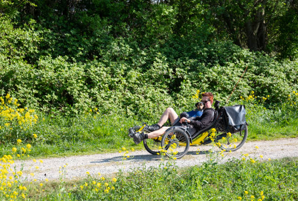 woman and small dog in recumbent bike