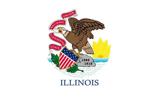 Vector illustration of Flag of Illinois state, vector illustration. Coat of arms of Illinois state, high-quality hand-drawn illustration.