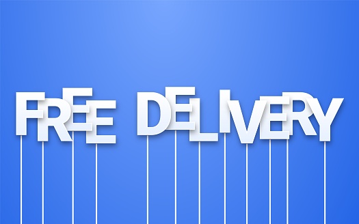 Free delivery text on blue background. Letters on sticks, photo booth props. Marketing phrase or email newsletter template during covid-19 quarantine. Blogging, web advertising and social media.