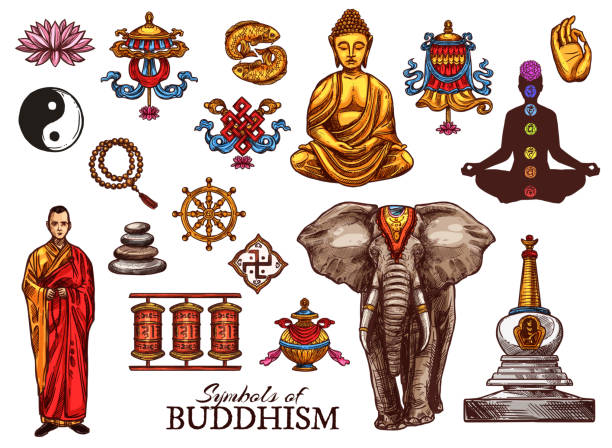 religia buddyzmu, symbole szkicu medytacyjnego - swastyka hinduska stock illustrations