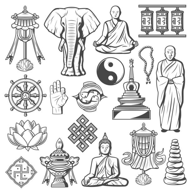 Hinduism and Buddhism signs and icons isolated set Buddhism religion icons and signs isolated. Lotus and rosary, elephant, fingers showing ok, Buddha in meditation pose. Swastika and monk, stones and drums spinning, yin yang, dharma wheel, infinity dharma stock illustrations