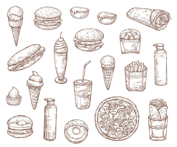 ilustrações, clipart, desenhos animados e ícones de refeições e lanches de fast food, menu de esboço - box cake food lunch