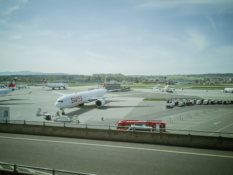 Zurich Airport with closed stores and without passengers. Taken in Zurich/Switzerland, April 16. 2020