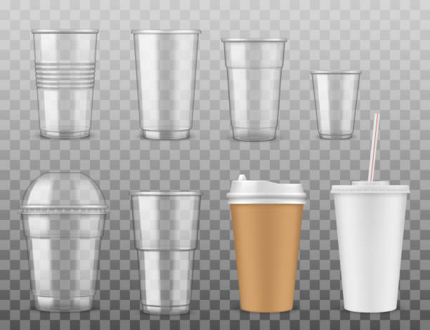 Disposable paper or plastic cups isolated icons Empty disposable plastic or paper cups with cover and straw isolated on transparent. Vector takeaway coffee cup, containers to pour cold and hot drinks. Realistic 3D design, beverages packages mockups disposable cup stock illustrations