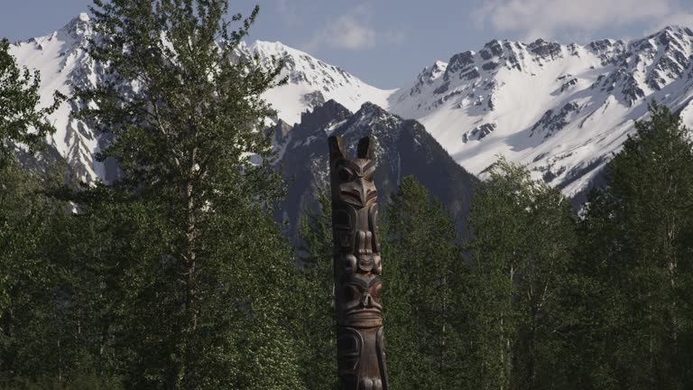 Totem poles in beautiful landscape in Alaska