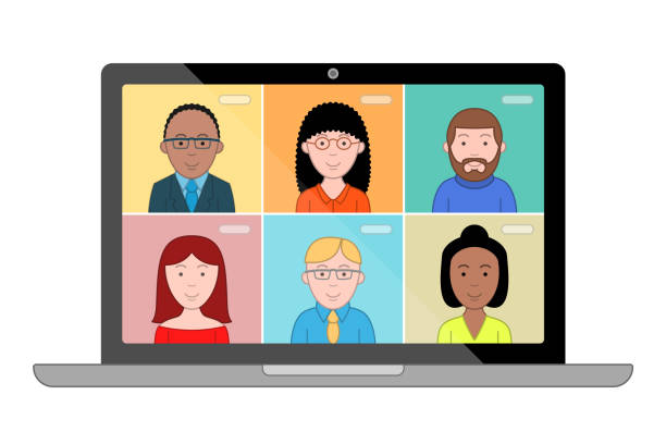 People talk to each other on the computer screen. Conference video call, working from home. Video conference clip art, front view: Well organised eps file for easy editing. teamwork clipart stock illustrations