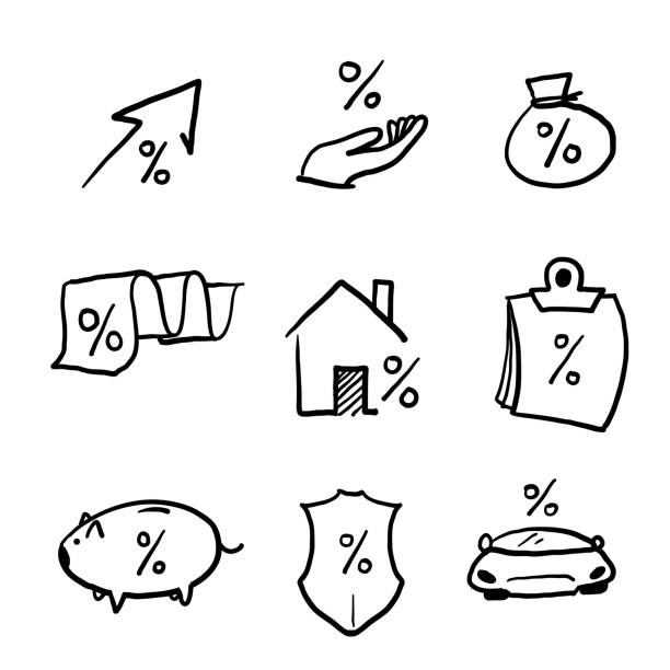 hand gezeichnet einfache satz von kredit und darlehen verwandte vektorlinie icons. enthält symbole wie rate calculator, kreditkarte, einzahlung . doodle - countdown grafiken stock-grafiken, -clipart, -cartoons und -symbole