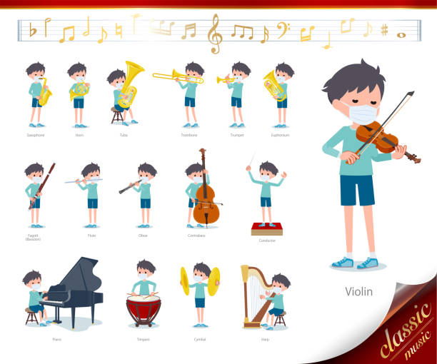 flat type mask blue clothing boy_classic music A set of boy wearing mask on classical music performances.There are actions to play various instruments such as string instruments and wind instruments.It's vector art so it's easy to edit. hay fever play stock illustrations