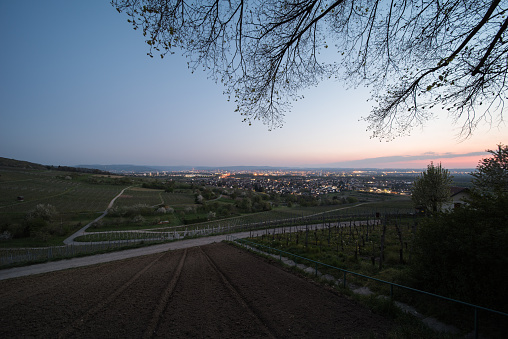 landscape in the evening in southern germany, in the background is the city of basel in switzerland.