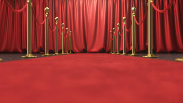 les prix montrent le fond avec des rideaux rouges fermés. tapis de velours rouge entre les barrières dorées reliées par une corde rouge. scène de théâtre de rideaus, rendu 3d - red cloth flash photos et images de collection
