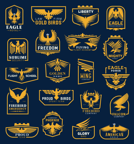 Eagle icons, heraldic badges, corporate identity Heraldic eagle icons, business corporate identity signs. Vector heraldic golden hawk and eagle wing of aviation academy, liberty union and flight school, firebird emergency and phoenix company symbol school mascot costume stock illustrations