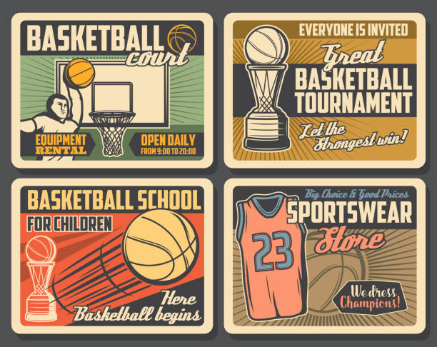 Basketball retro adverts of sport club, sportswear shop, school and court. Vector. Player throwing ball, trophy on sporting tournament, team game. Activity and hobby, t-shirt and equipment