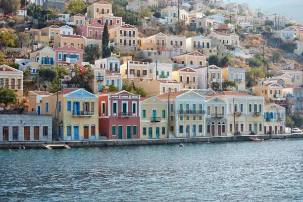 Colorful building in Symi. Greek Island.