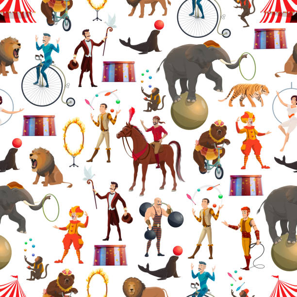 ilustrações de stock, clip art, desenhos animados e ícones de circus animals and equilibrists seamless pattern - unicycling unicycle cartoon balance