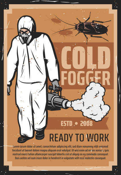 ilustrações, clipart, desenhos animados e ícones de exterminador com embaçador frio, controle de insetos - service pest insect fly