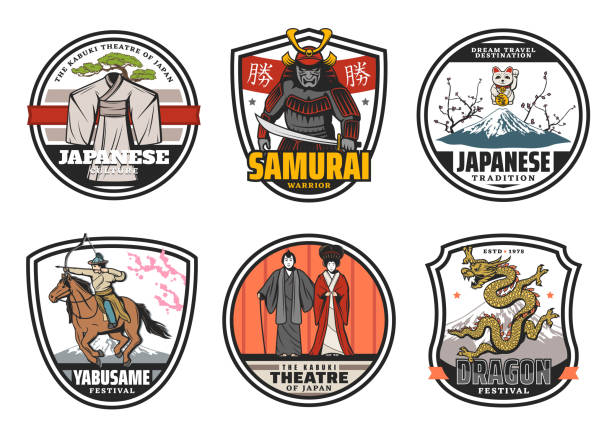 Samurai, yabusame, maneki-neko cat, Kabuki icons Japanese culture, tradition and religion icons. Vector kimono, samurai warrior, yabusame festival, kabuki Japan theater, dragon, Fuji mountain. Geisha, bonsai tree and sakura, maneki-neko cat famous archer stock illustrations