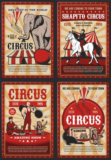 Vector illustration of Circus big top, carnival animals and strongman