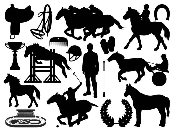 Horse riding, equestrian sport equipment isolated Equestrian sport and horse riding icons isolated. Vector horseshoe, whip and helmet, polo jockey and stallion jumping. Outfit gloves, racing cart and championship victory cup, equine saddle harness norfolk stock illustrations