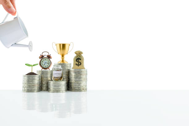 Water is poured from a watering can on small tree and stack of coins with a clock, savings jar, a dollar bag