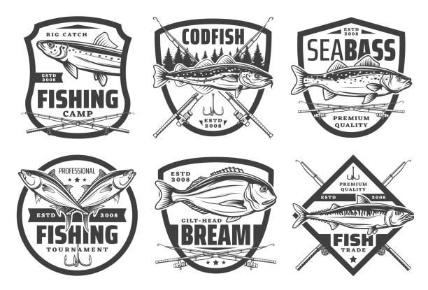 Fishing sport icons, fisher lures and tackles Fishing club, fisher camp and big fish catch icons. Vector icons of sea and river fishing for codfish, seabass, bream or salmon and trout, fisherman rods, fishery lures and tackles equipment fishing bait stock illustrations