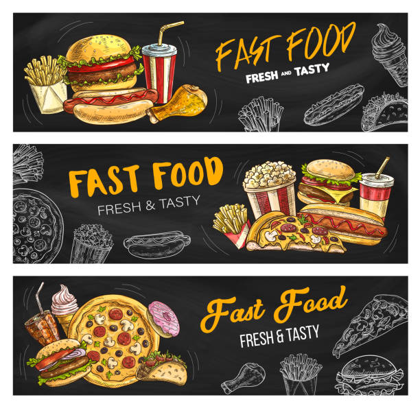 fast-food-menü pizza, burger und fastfood-snacks - wearing hot dog costume stock-grafiken, -clipart, -cartoons und -symbole